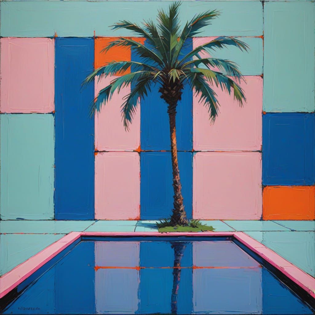 Vibrant Mondrian-Inspired Pool Scene in Minimalist Style