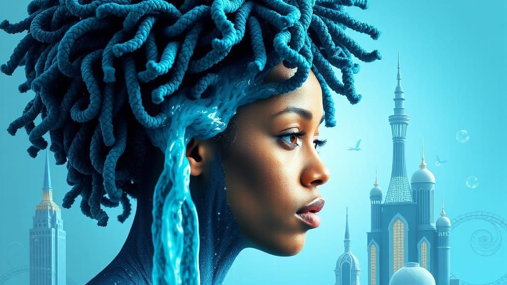 Surreal Cityscape Goddess with Waterfall Dreadlocks in Brigh...
