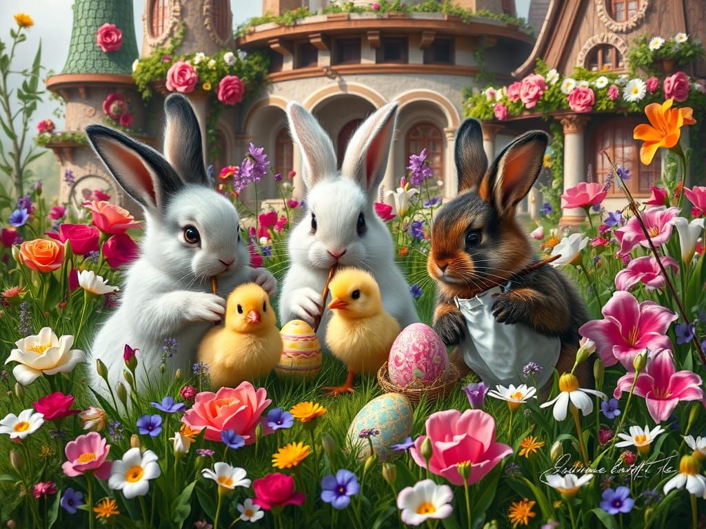 Bunnies Painting Easter Eggs in Renaissance Style
