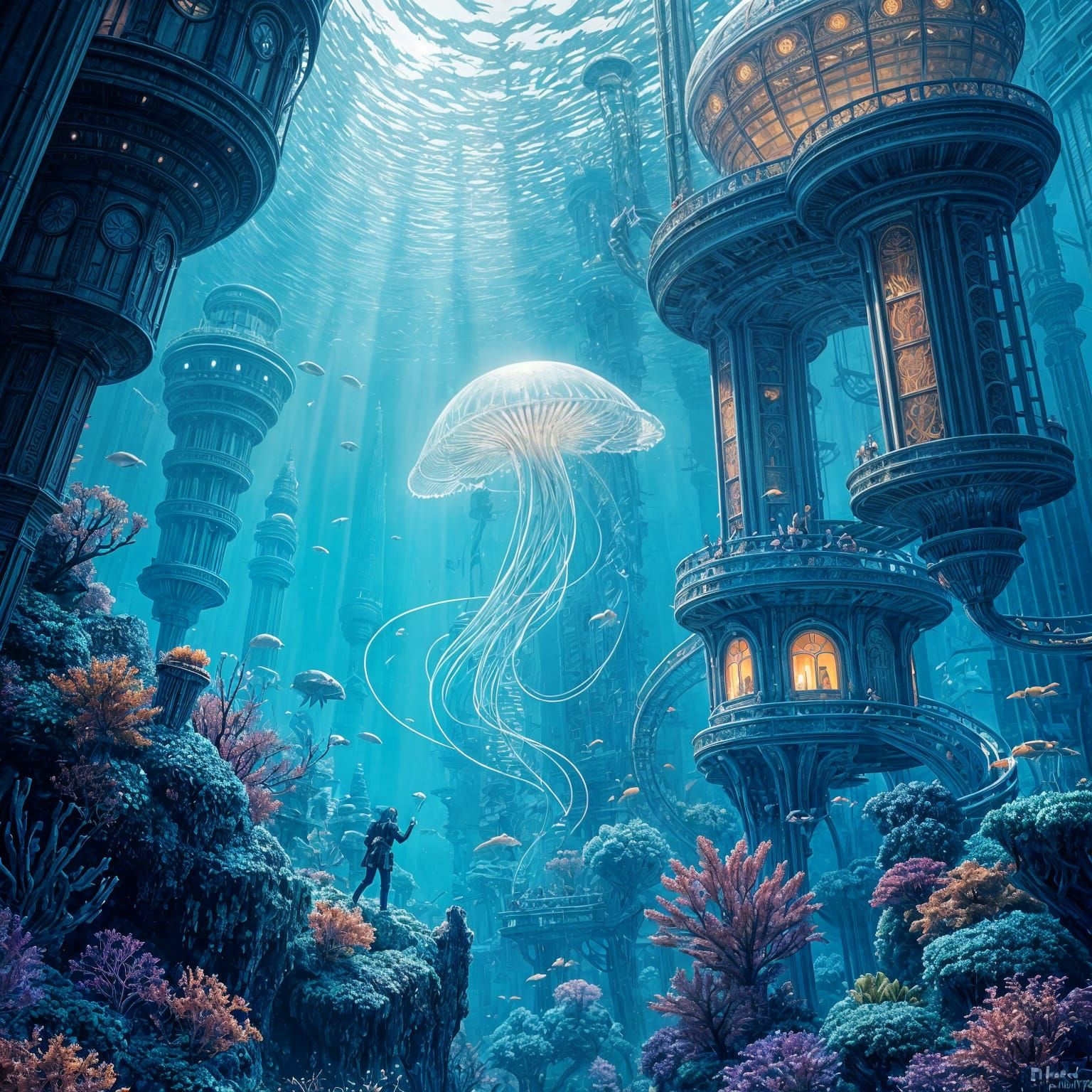Bioluminescent Jellyfish in Futuristic Underwater City