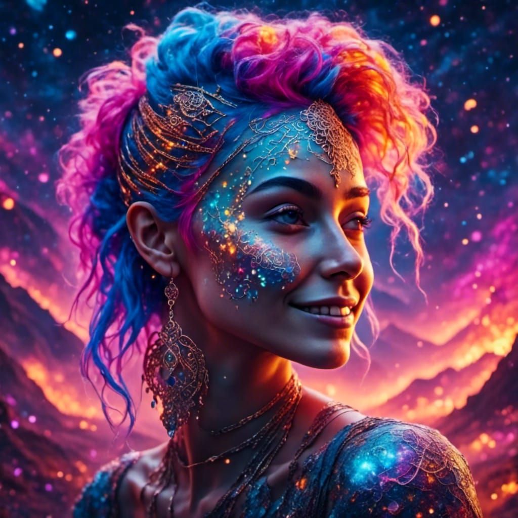 Woman with Rainbow Hair and Henna Tattoos as Digital Art