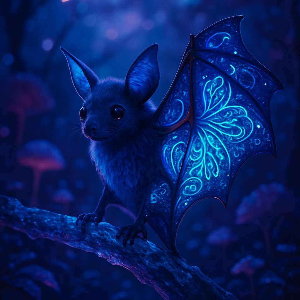 Bioluminescent Bat on Crystalline Branch in Alien Forest