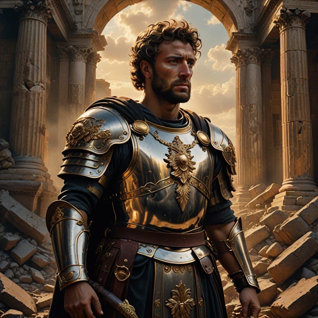 Battle-Weary Roman Emperor in Ornate Armor