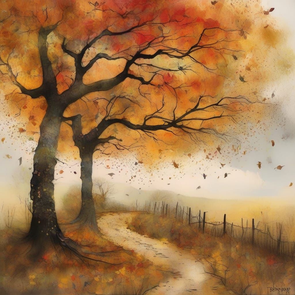 Autumn Tree Shedding Leaves with Man on Path