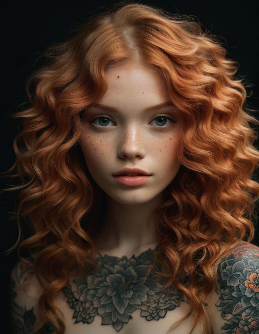 Tattooed Strawberry-Blonde Goddess in Dark Lighting