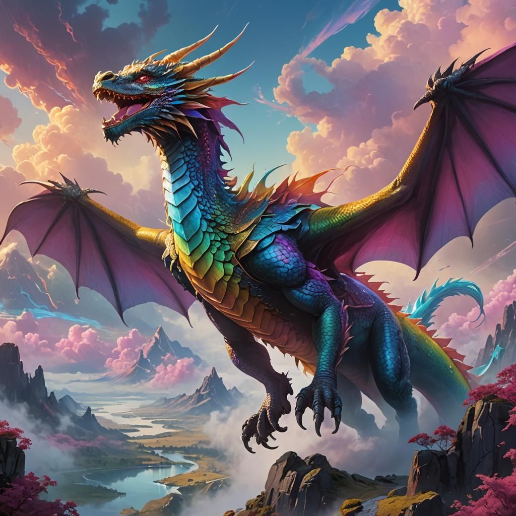 Rainbow Dragon Soaring Through Dreamy Landscape