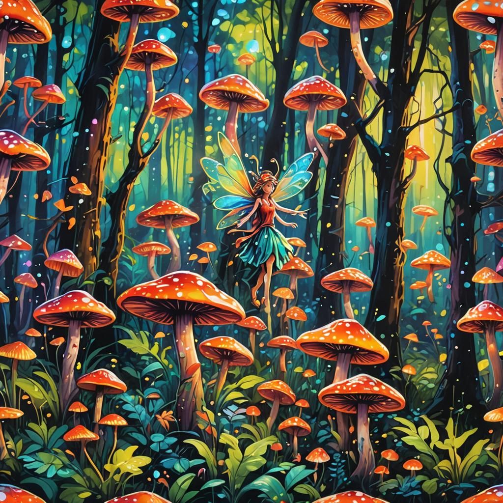 Fairies Dancing in Fluorescent Forest: Vibrant Street Art