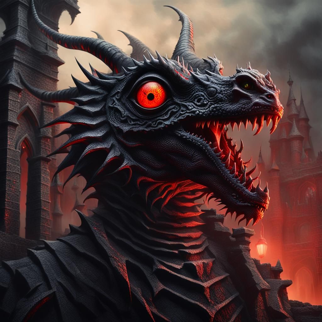 Beetlejuice Dragon on Gothic Castle Ruins