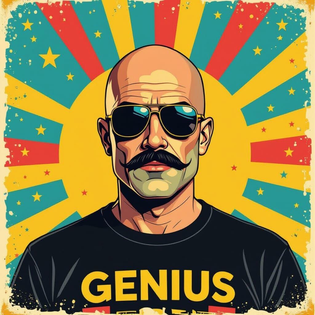 Retro Album Cover: Bald Genius in 80s Style