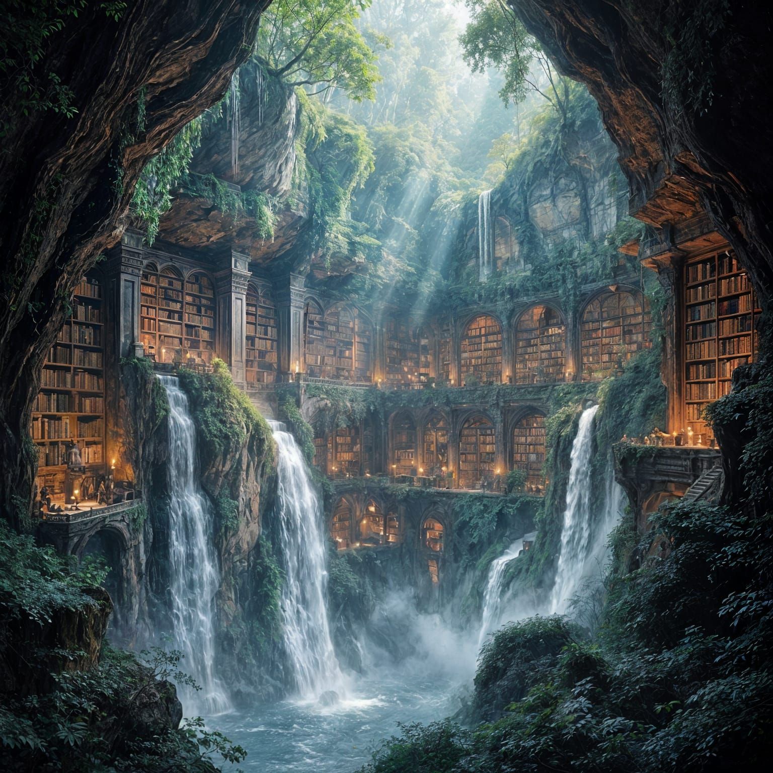 Ancient Cliffside Library with Glowing Books