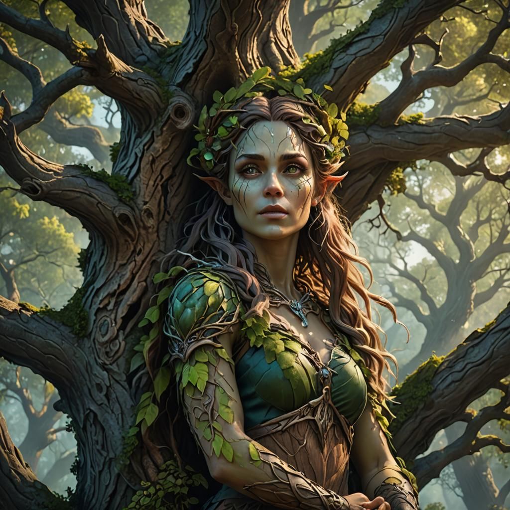 Dryad Watching from Ancient Oak Tree