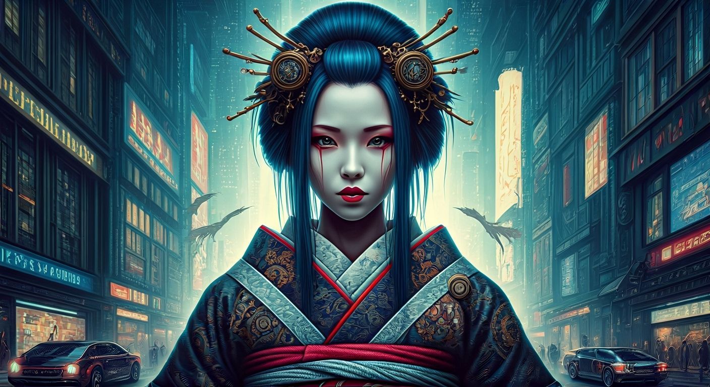 Cyberpunk Geisha with Clockwork Cranes and Glowing Gears