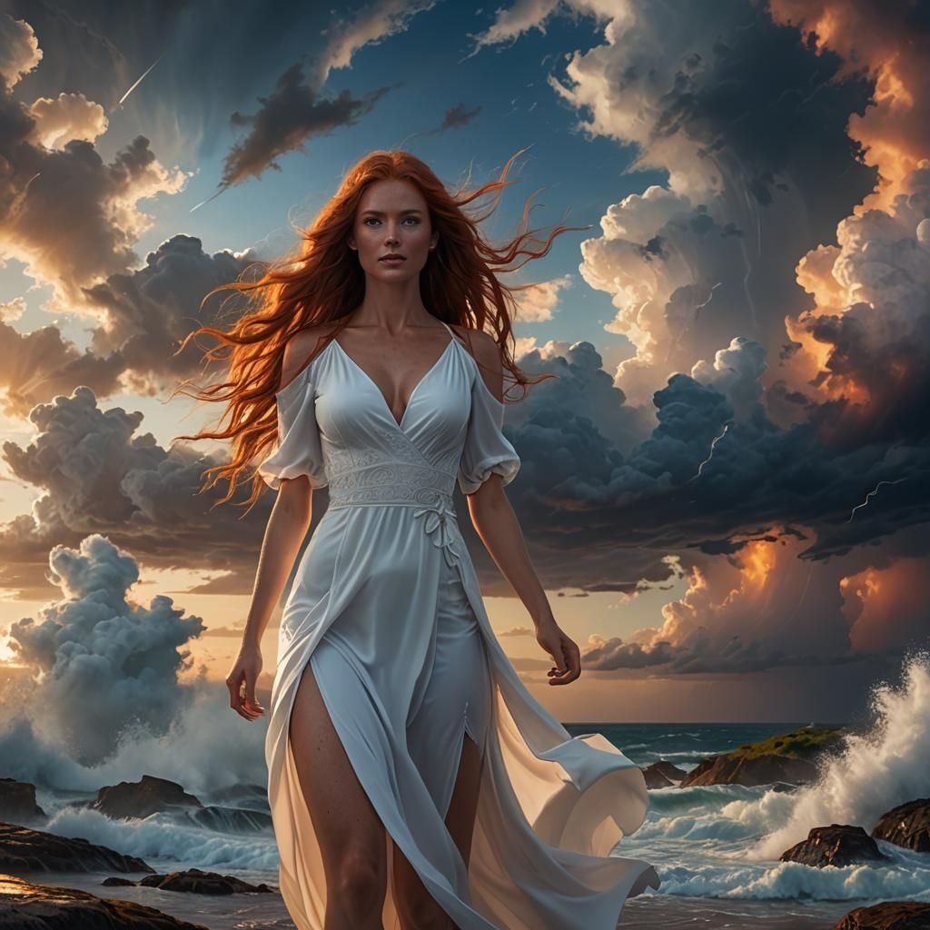 Redhead in White Dress at Sunset: Fantasy Art