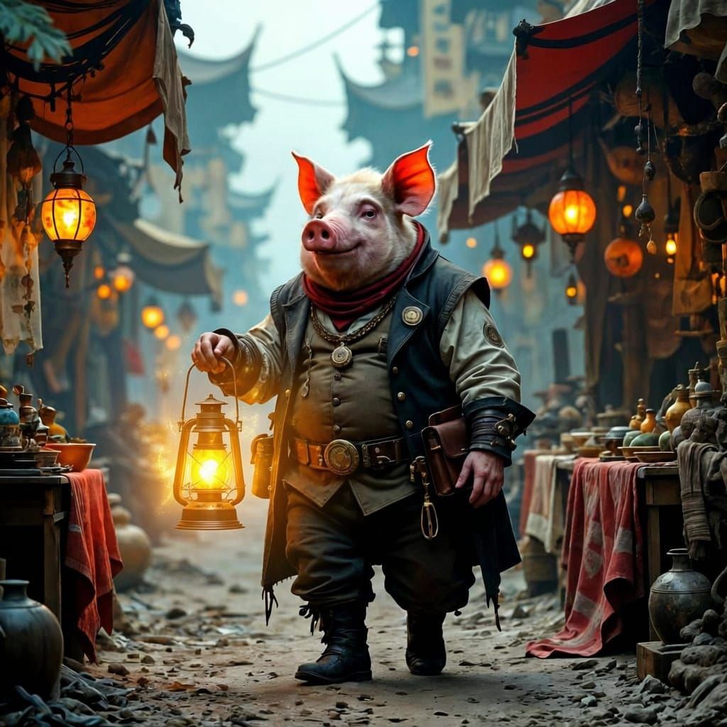 Steampunk Pig-Man Searches Alien Market with Lantern