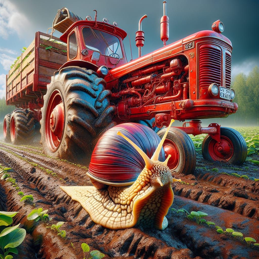 Giant Snail Drives a Scarlet Tractor