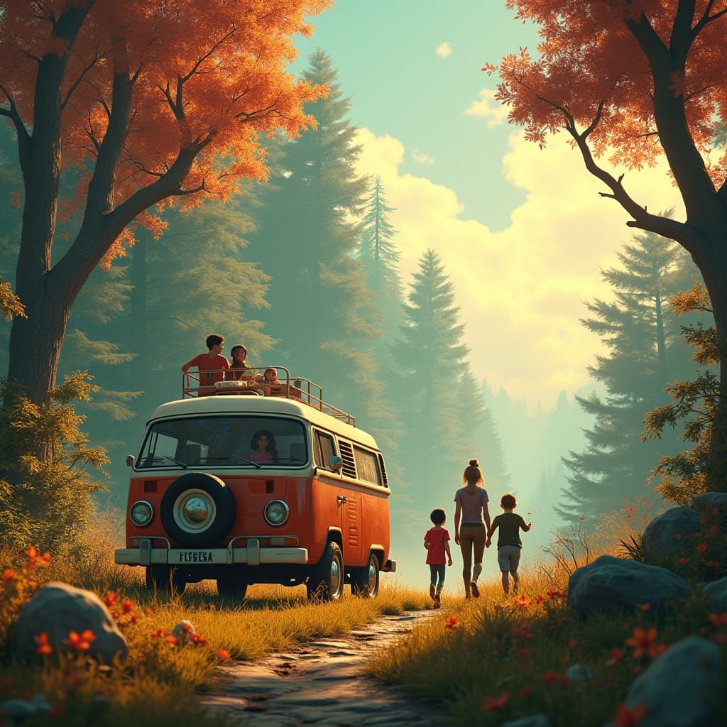 Family's Nostalgic Camper Van Adventure in a Surreal Forest