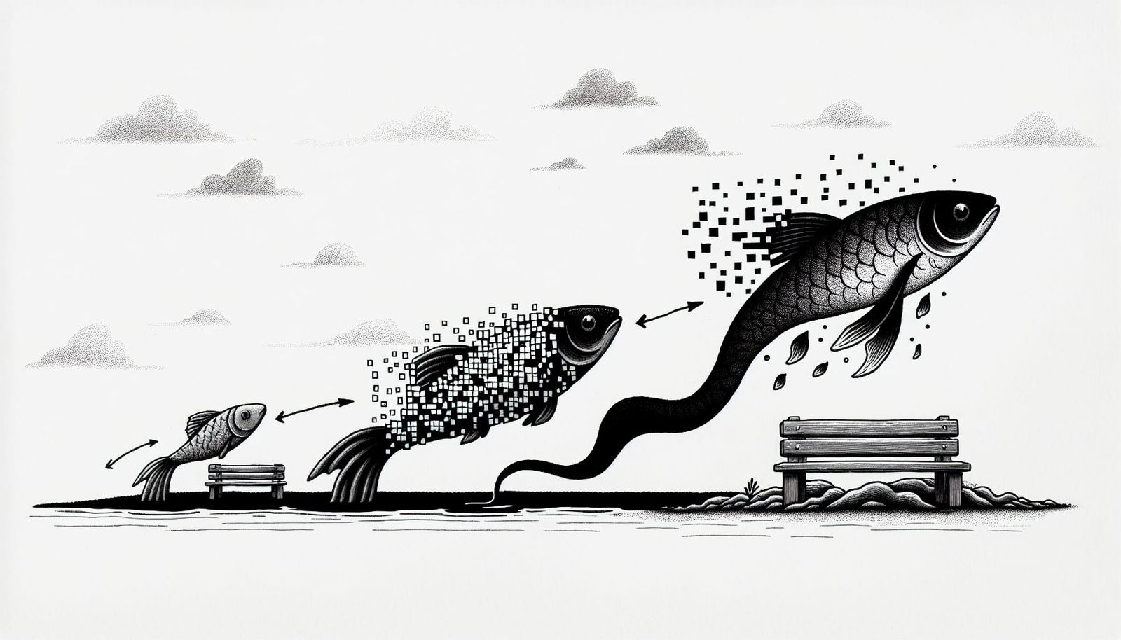 Fish Evolution: Whimsical Ink Illustration of Transformation