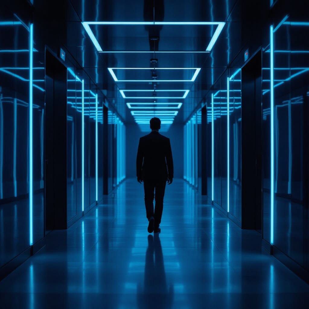 Neon Hallway with Mirrored Walls in Cinematic Style