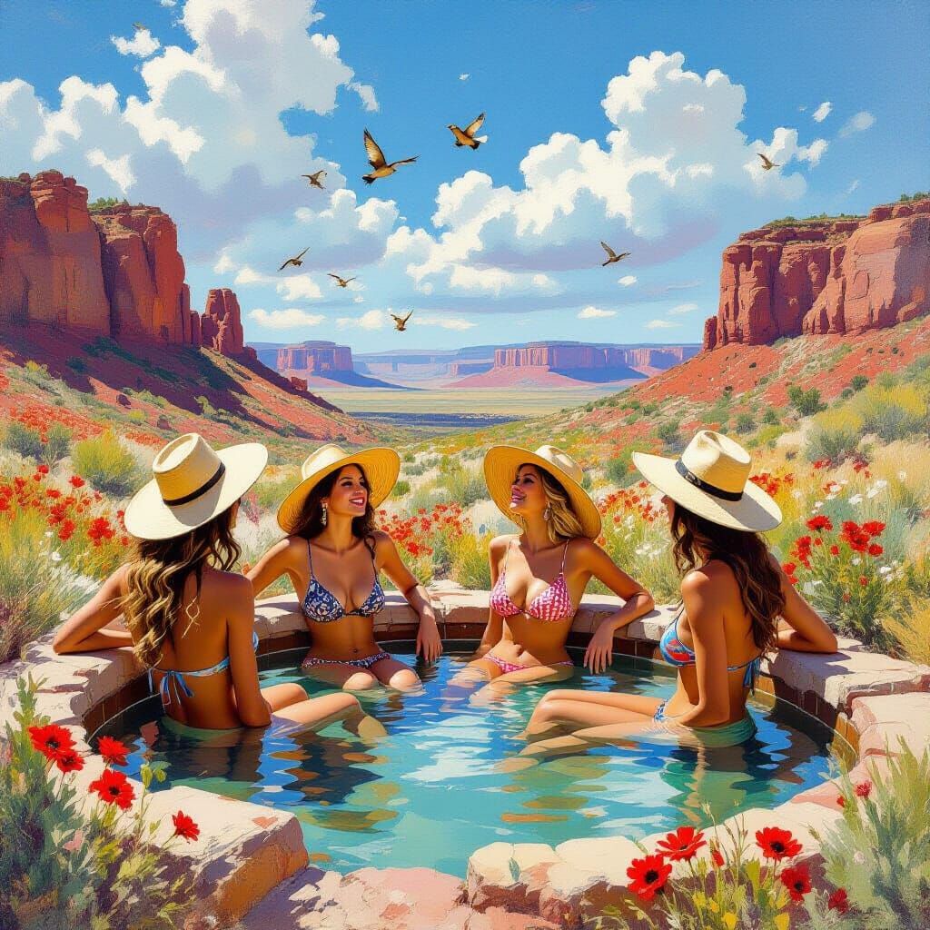Ladies Relaxing in Desert Hot Spring as Oil Painting
