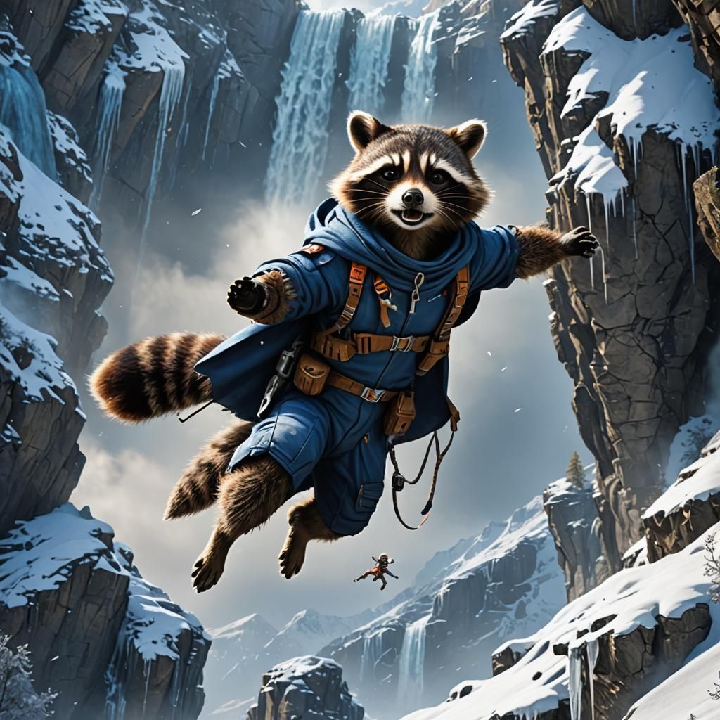 Rocket Raccoon Skydiving in Snowy Mountains