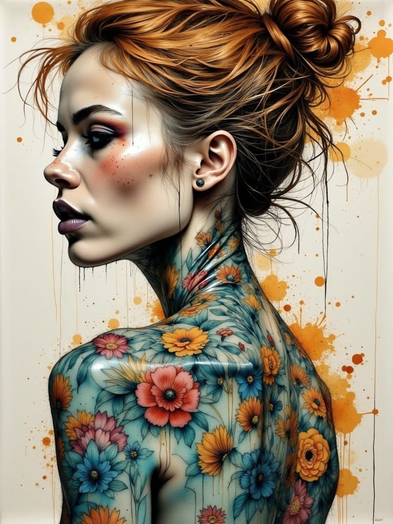 Smoked Glass Girl with Tattoos in Ink Splatter Style