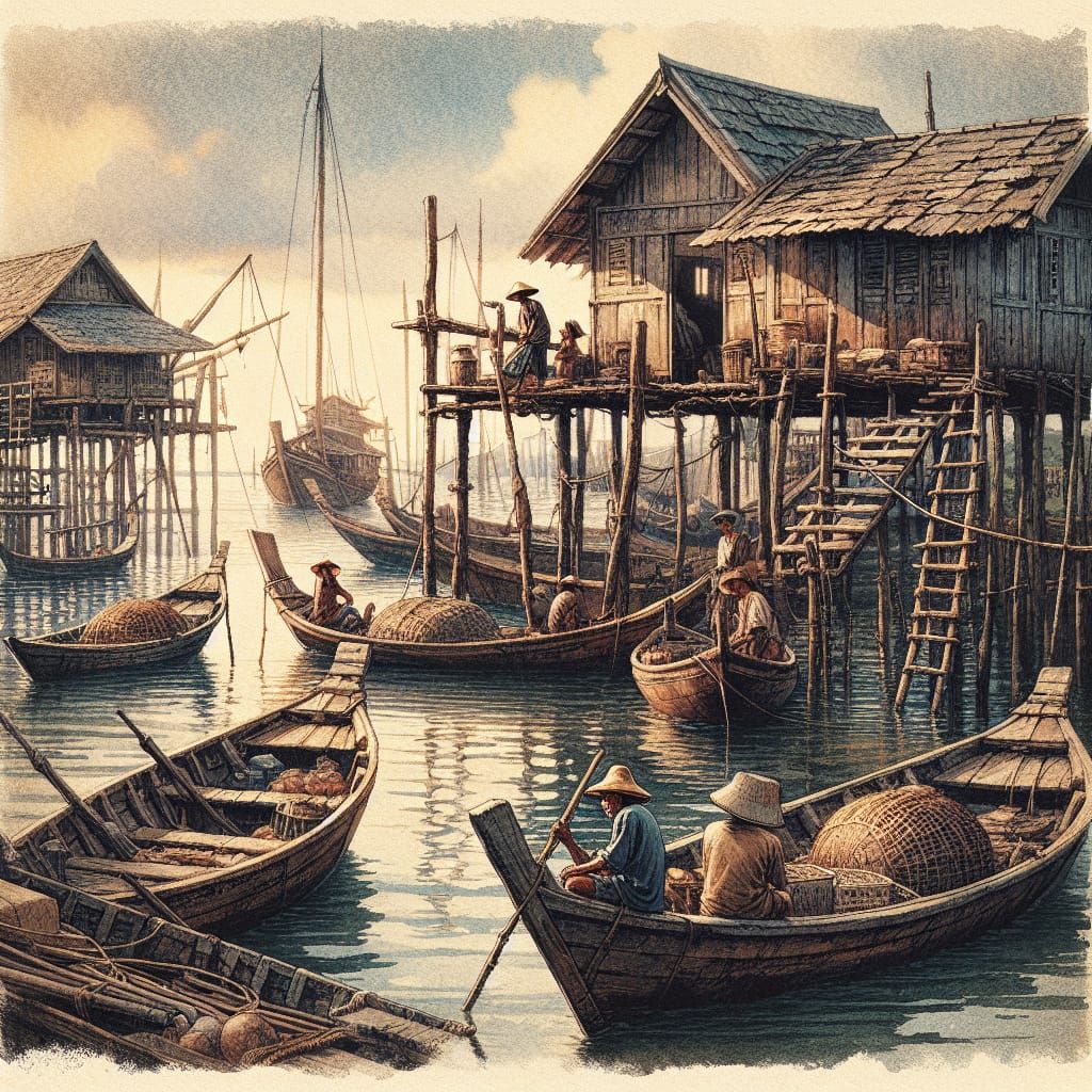 Medieval Southeast Asian Harbor in Watercolor Style