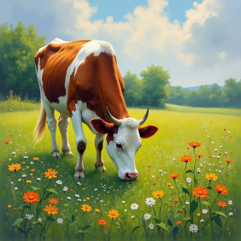 Cow Grazing in Meadow at Summer Evening