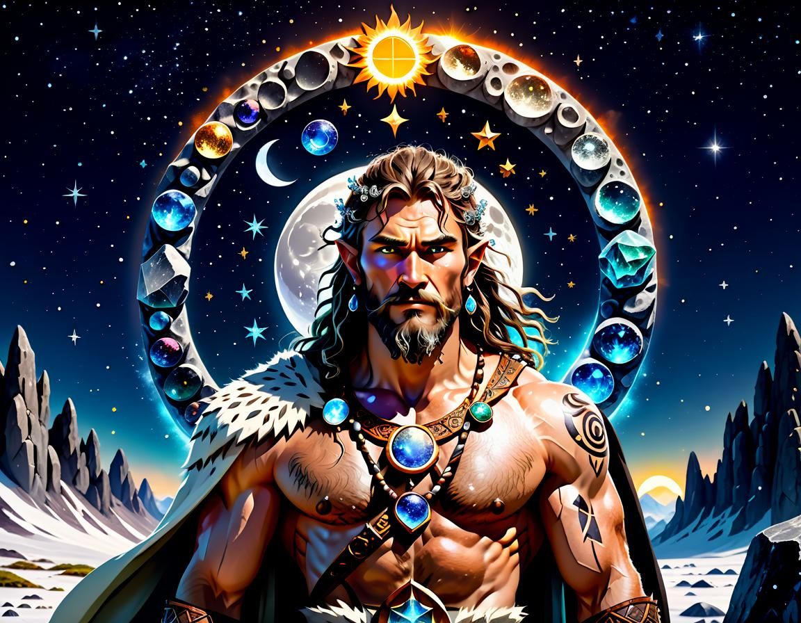 Druid Surrounded by Crystals, Runes, Moon, Sun, Stars