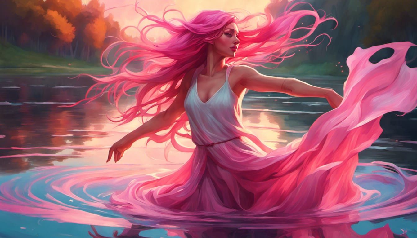 Pink-Haired Woman Dancing on Water: Fantasy Concept Art