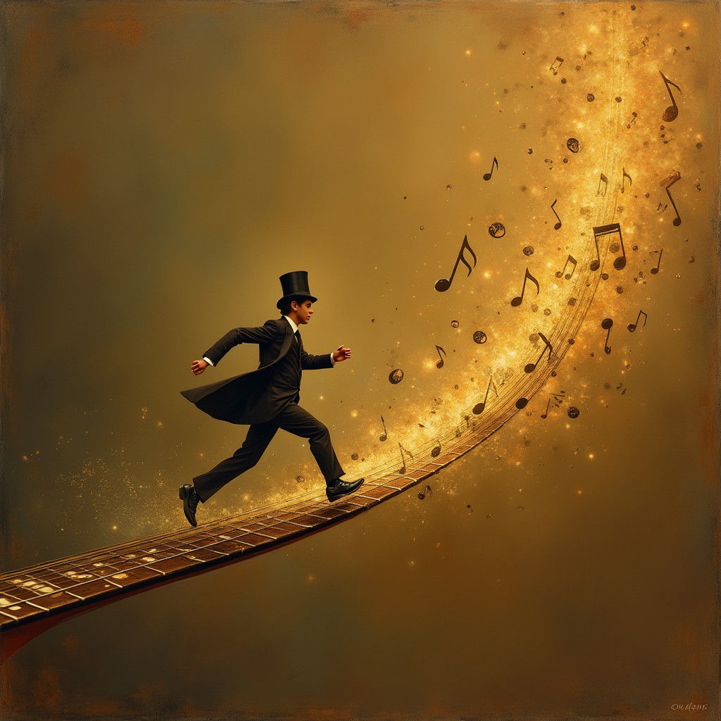 Miniature Man Races on Guitar String in Oil Painting Style
