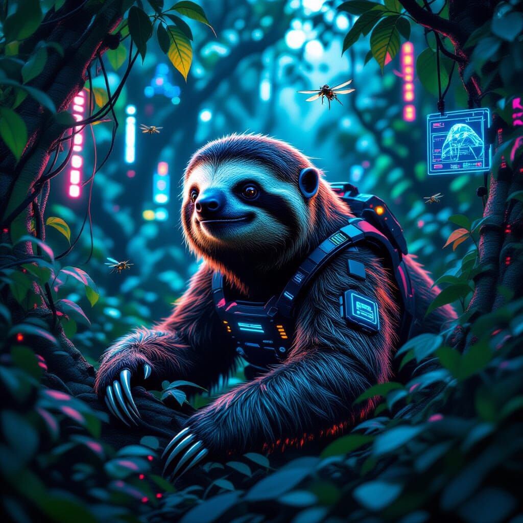 Cybernetic Sloth in Neon Techno Jungle