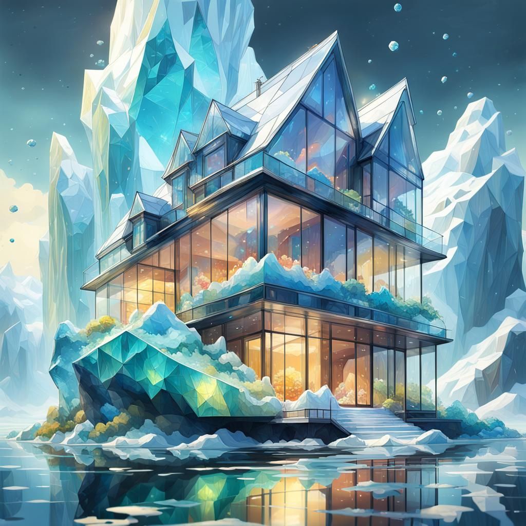 Glass Diamond Villa on Iceberg: 3D Render