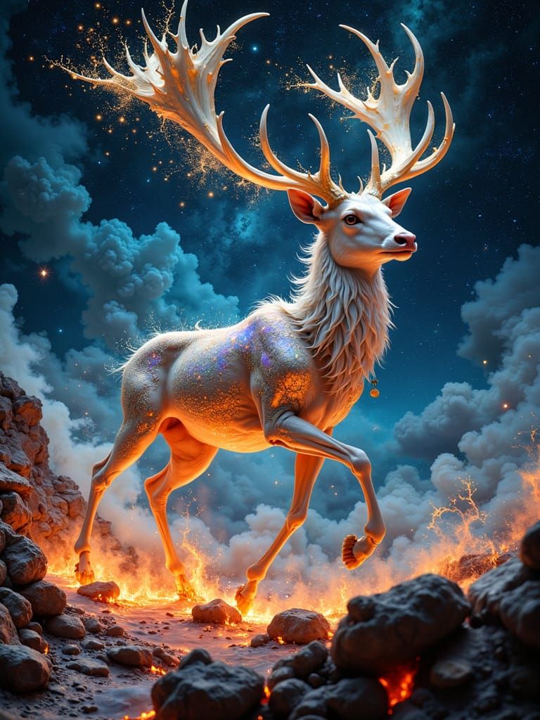 Stardust Deer Leaping in Ethereal Dreamscape