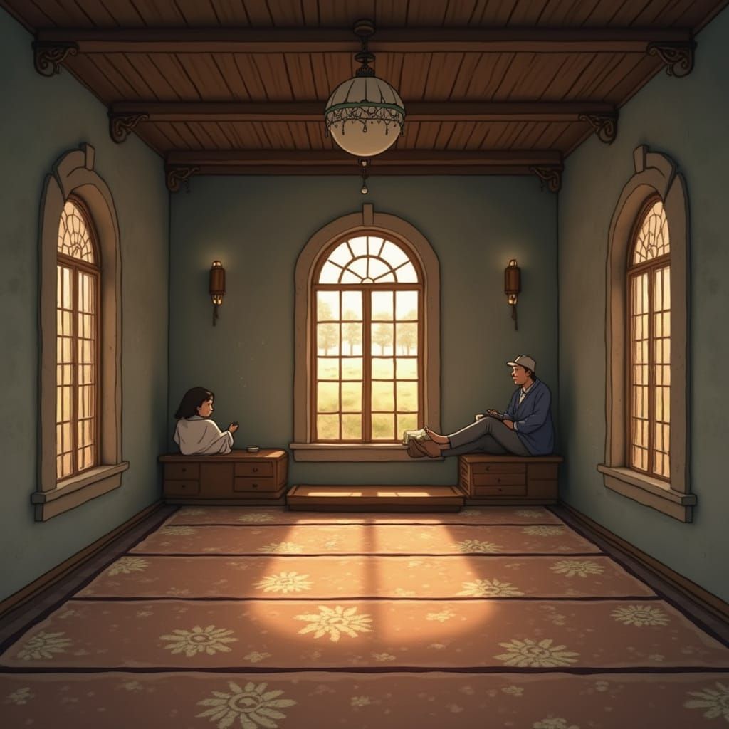 Cozy Islamic Prayer Space in Studio Ghibli Style