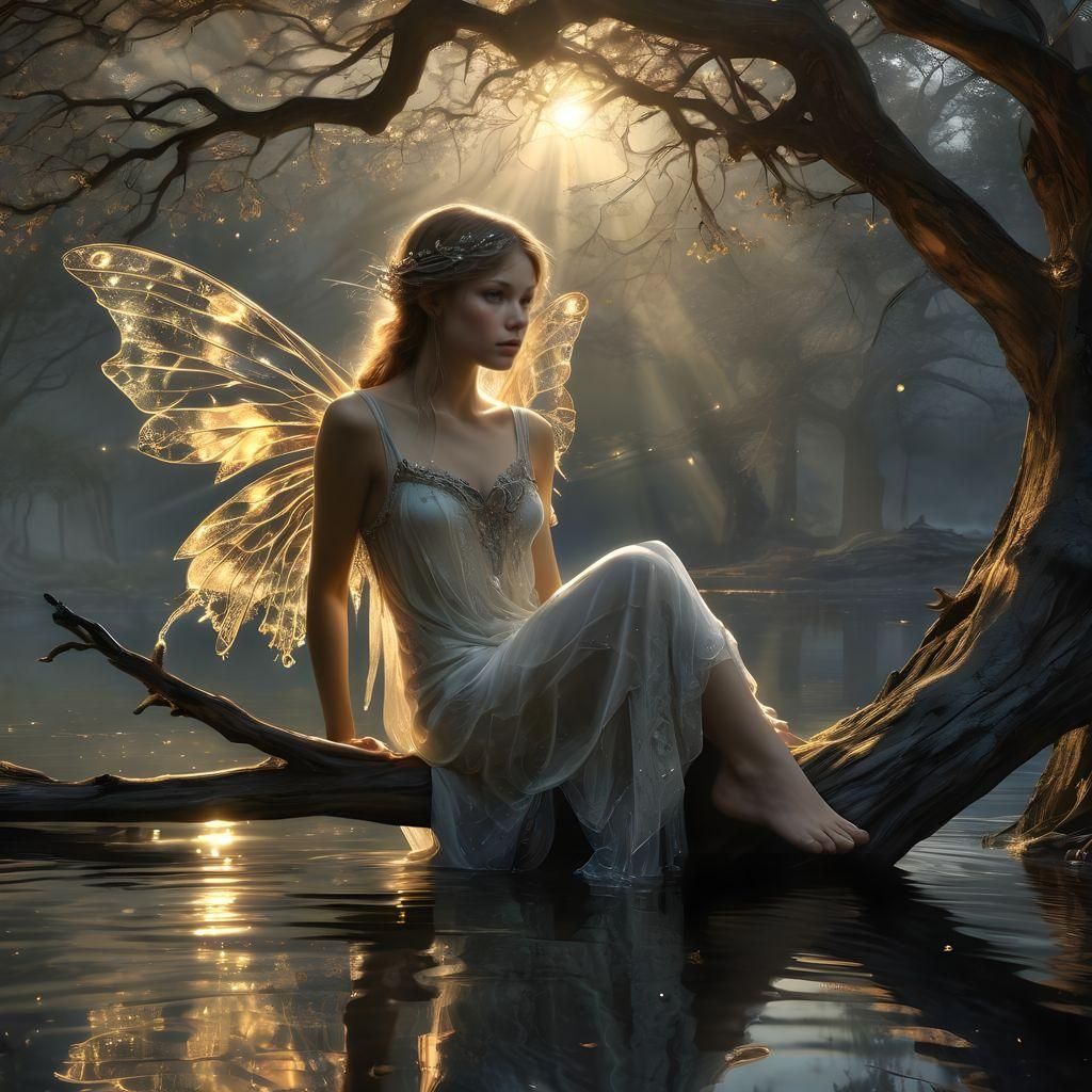 Ethereal Fractal Fairy Amidst Whimsical Lake Scene