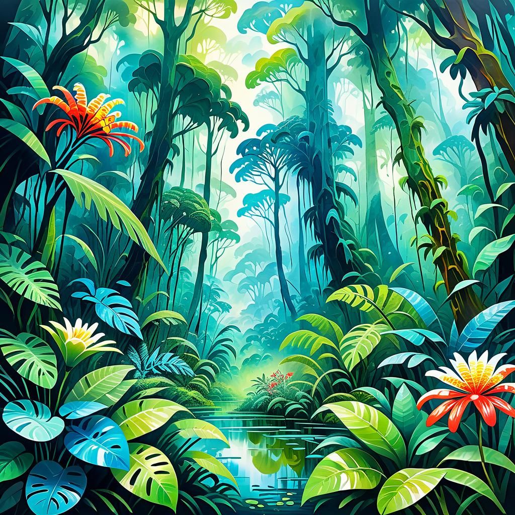 Lush Rainforest in Gouache and Watercolor Style