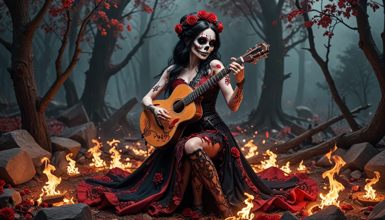 Vibrant Day of the Dead Fiesta Scene with Flamenco Guitar