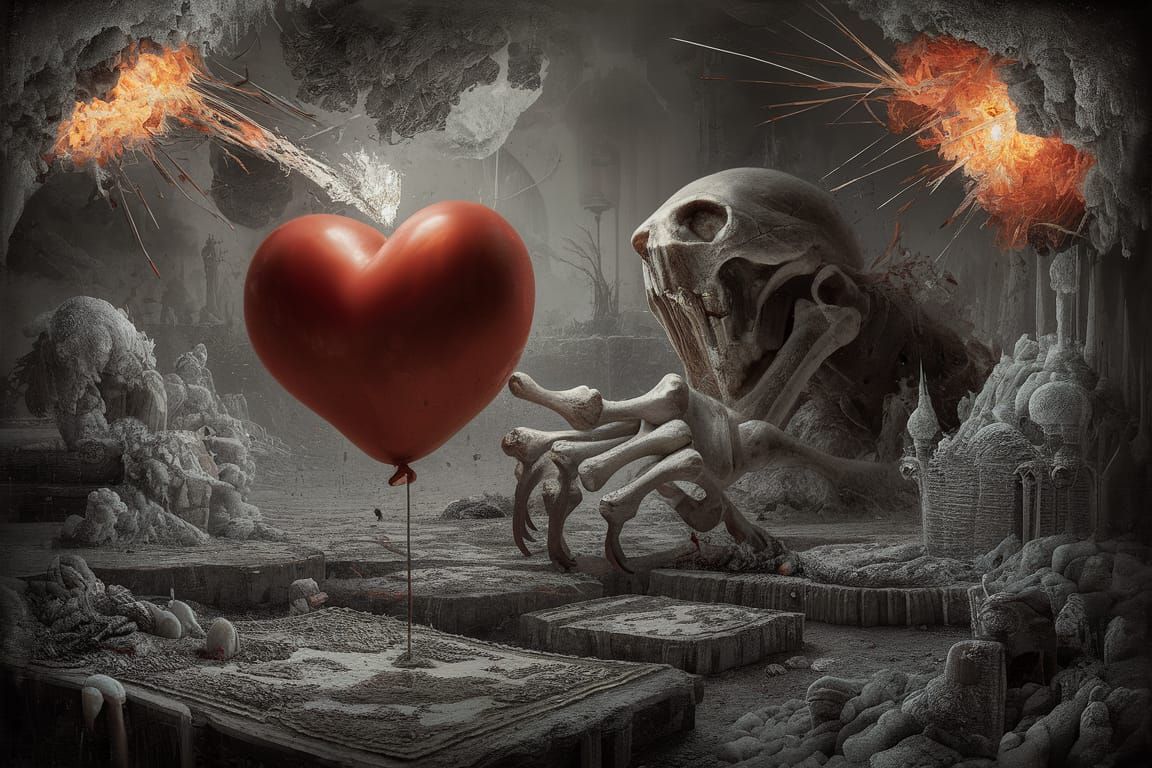 Heart Balloon Bursting in Surreal Grisaille Landscape