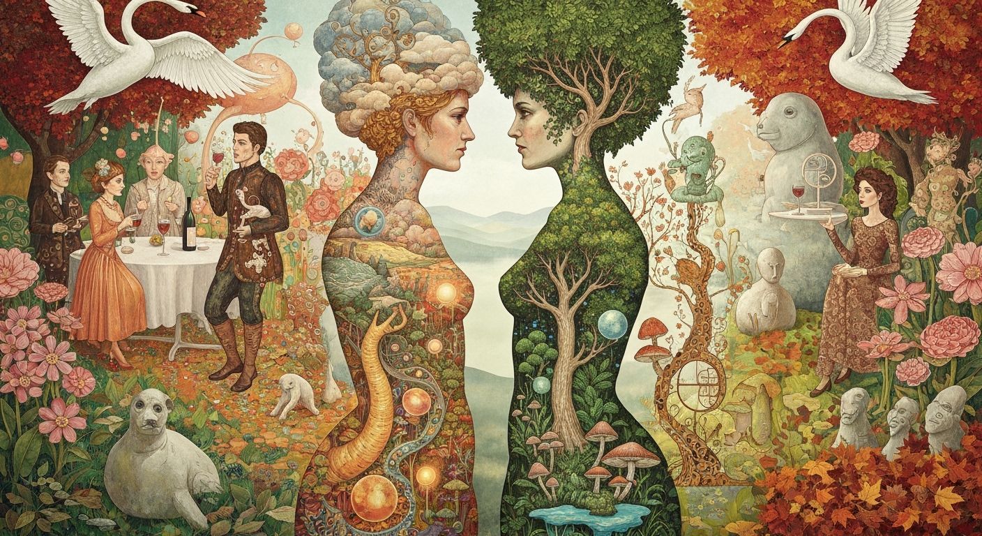 Surreal Garden Party of Seal Women in Dreamlike Forest