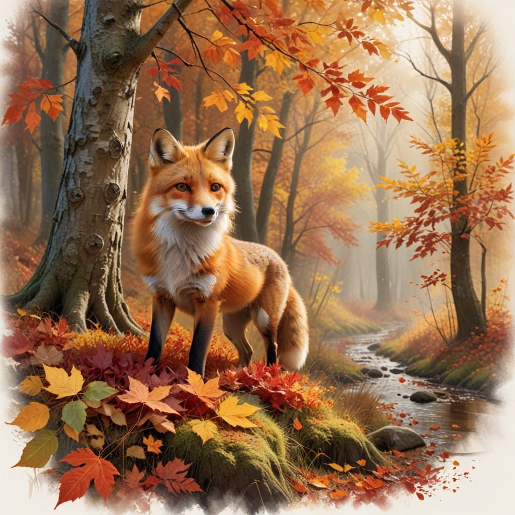 Red Fox in Autumn Glade with Fiery Hues