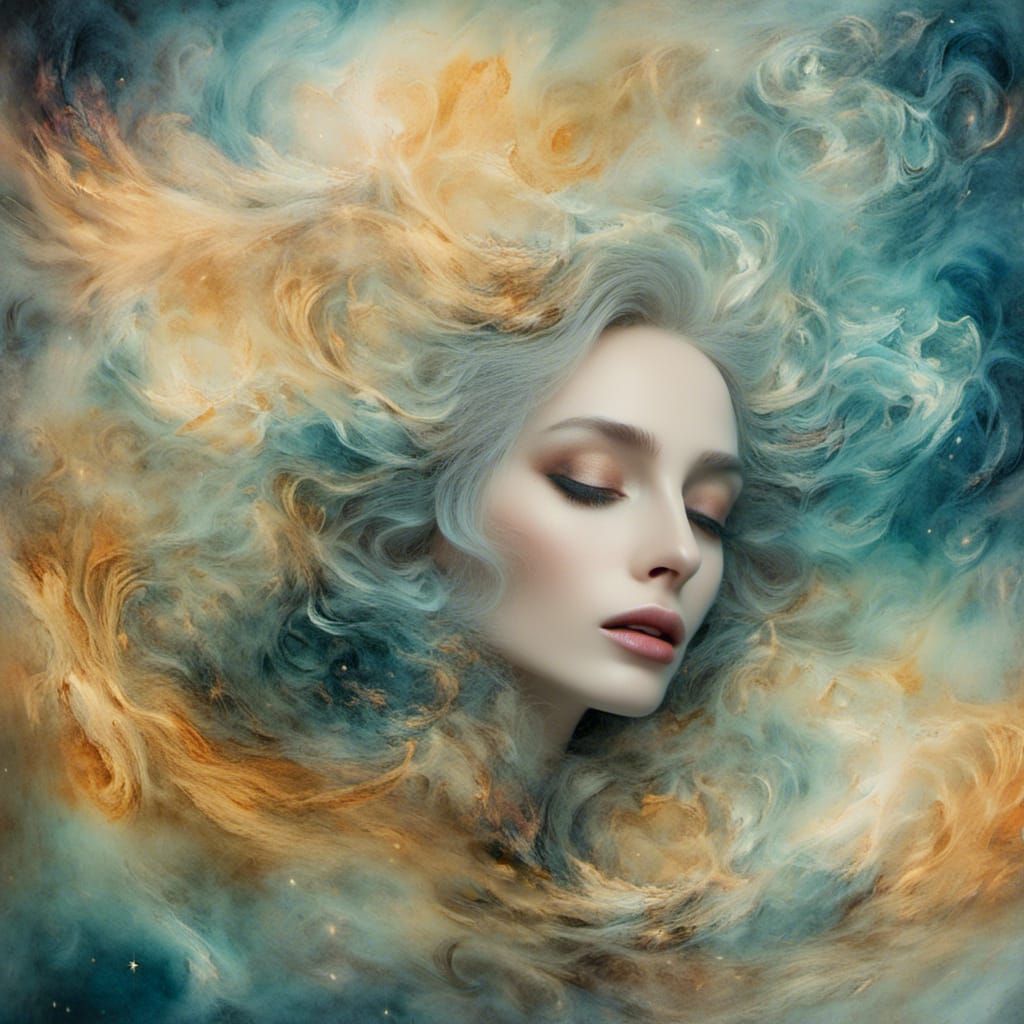 Serene Face Amidst Aurora in Watercolor Textures