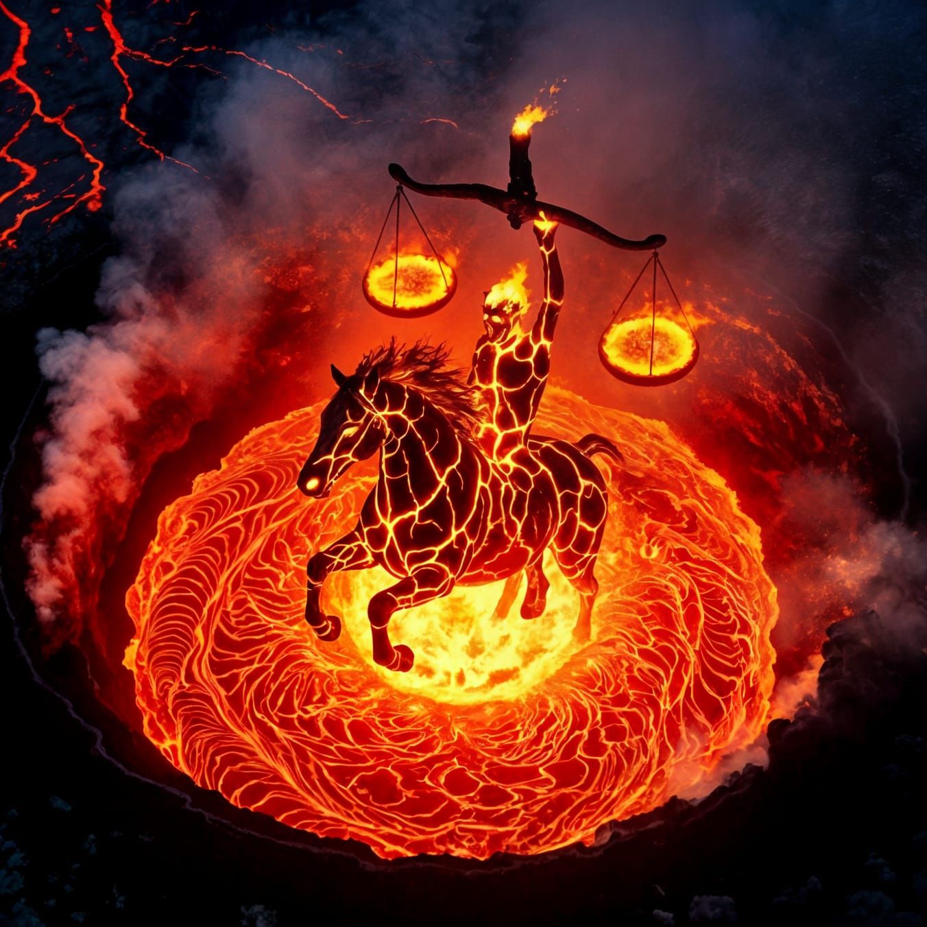 Volcano Lava Horse Rider Holds Balance Scale