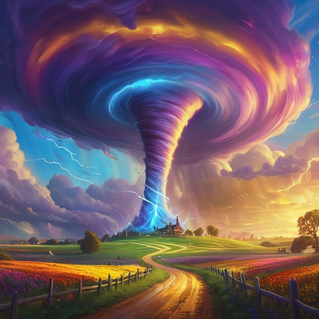 Rainbow Tornado in Oz Landscape, Digital Illustration