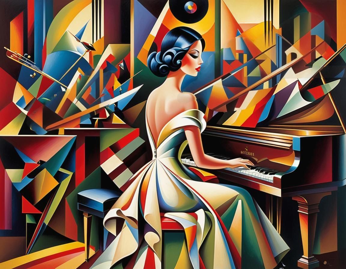 Abstract Cubist Piano Player: Colorful Jazz Art