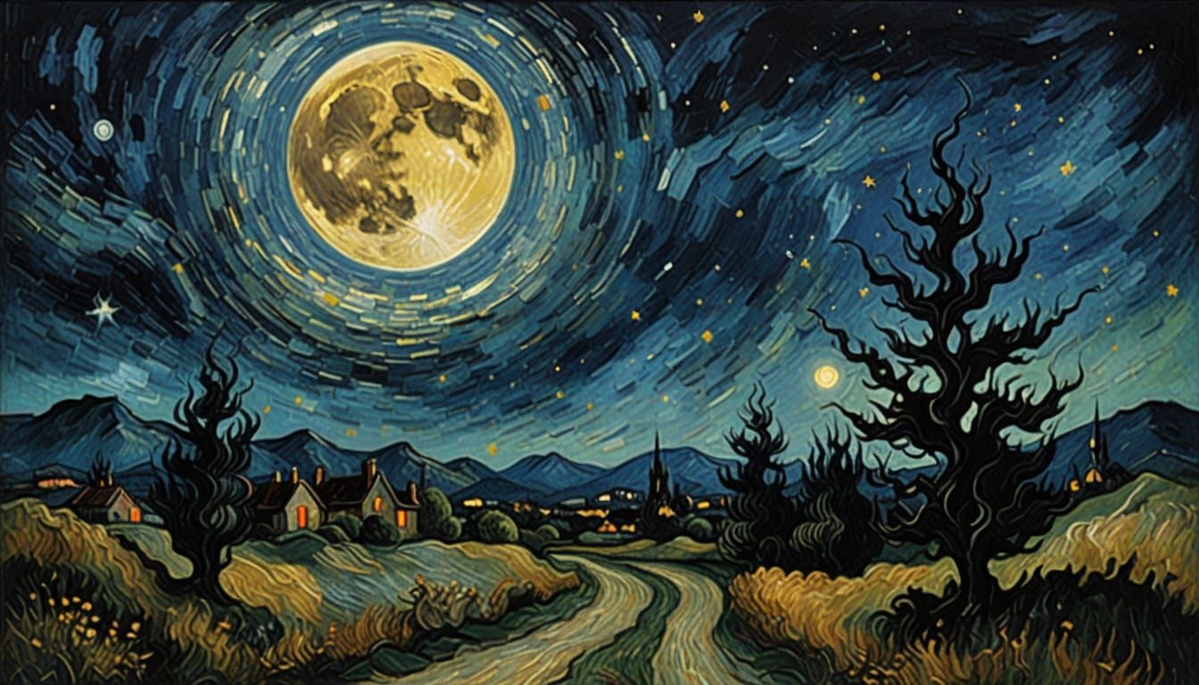 Surreal Crescent Moon Over Silhouetted Landscape