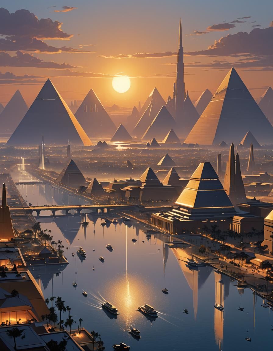 airo's skyline at twilight, where the Great Pyramids and the Sphinx coexist with a futuristic metropolis of...