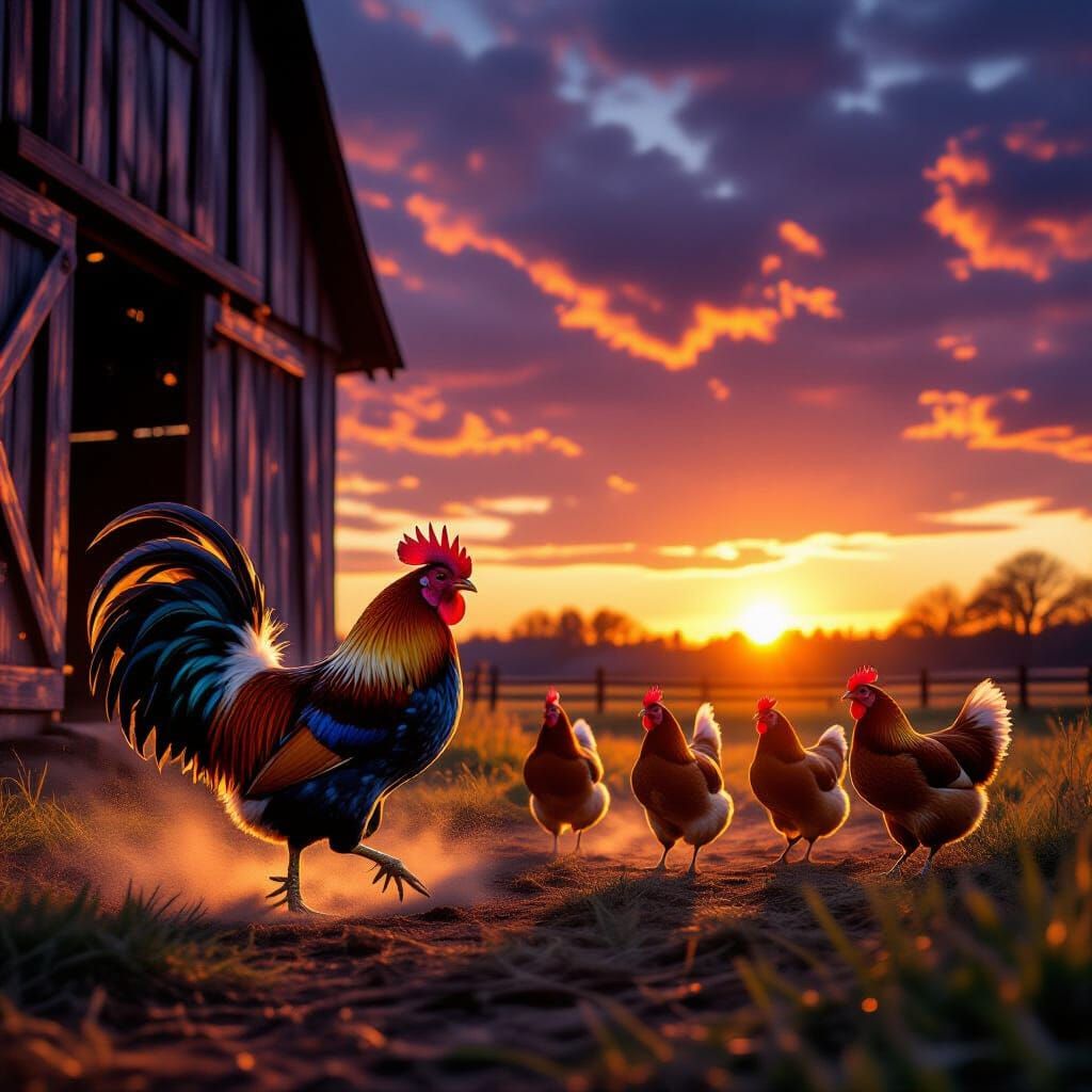 Proud Rooster Herds Hens at Fiery Sunset Barn