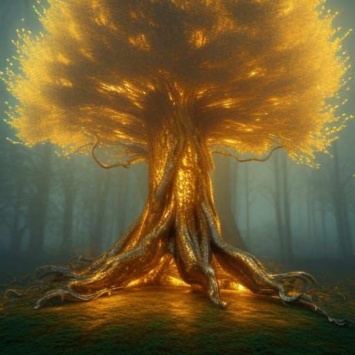 Mystical Golden Tree in Foggy Forest, Rococo Style