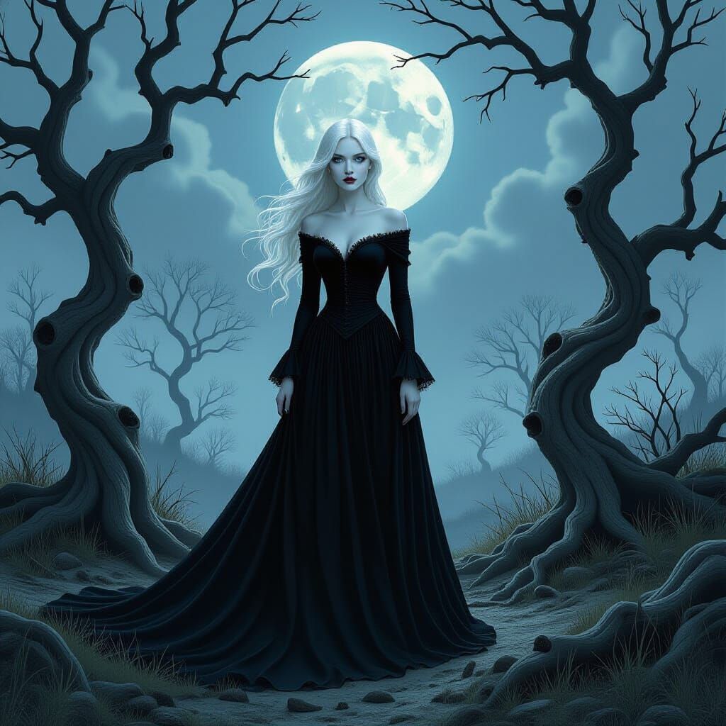 Gothic Albino Woman on Windswept Moor