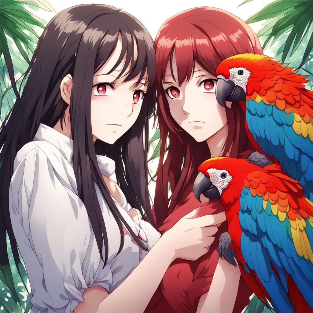 Anime Girls with Red Macaw in Manga Style